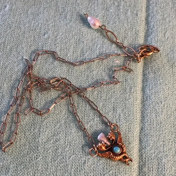 Antique Caduceus Necklace Turquoise Pearl Gold - Picture 5 of 7